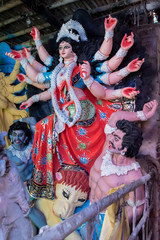 Clay idol of Goddess Devi Durga is in preparation for the upcoming Durga Puja festival at a pottery...