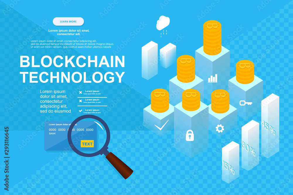Poster cryptocurrency and blockchain isometric composition with people, analysts and managers working on cr