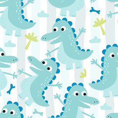 Cute seamless pattern with funny dinosaurs. vector illustration.