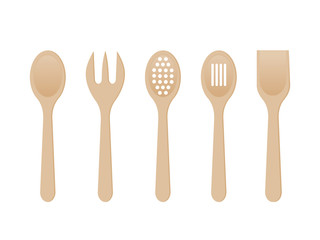 Wooden spoons on white background. Mixing spoon, spatula, fork, strainer. Kitchen utensils made of wood. Kitchen tools set. Cooking concept. Cook equipment. Vector illustration, flat style, clip art. 