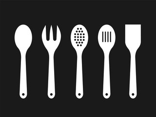 White wooden spoons on black background. Silhouettes of mixing spoon, spatula, fork, strainer. Cooking tools icons. Kitchen utensils made of wood. Kitchen equipment set. Vector illustration, flat. 