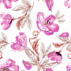 Poppies Flowers Seamless Pattern.  Watercolor Illustration.