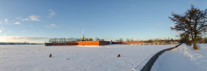 Panorama of frozen Neva near St. Peter and Paul fortress.