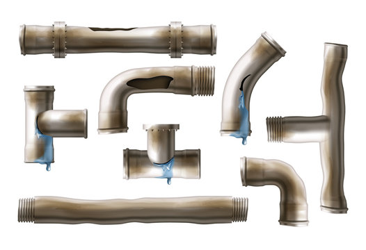 Old, rustic sewing pipes with water leaking from cracks and holes set. Damaged by corrosion water supply system metal pipeline bolted, fastened connections isolated, 3d realistic vector illustrations