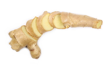 Ginger root slices isolated on white background, top view
