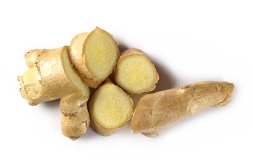Ginger root slices isolated on white background, top view
