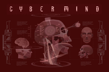 Cyber mind concept poster with low poly head. Futuristic illustration with HUD elements