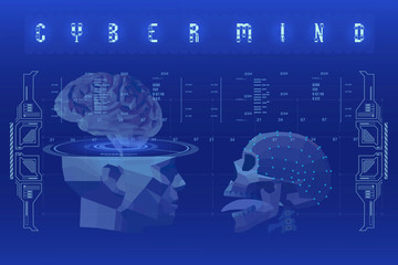Cyber mind concept poster with low poly head. Futuristic illustration with HUD elements