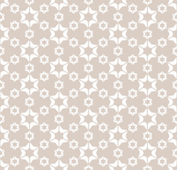 Vector abstract geometric pattern with flower shapes, stars. Beige and white