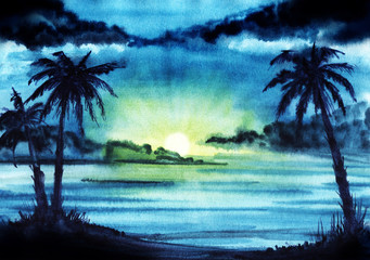 Abstract watercolor landscape. Dark evening night sky. Сlouds. Gradient from saturated blue to green, yellow. Sunset sun. silhouette three palm trees. Hand drawn watercolor background illustration