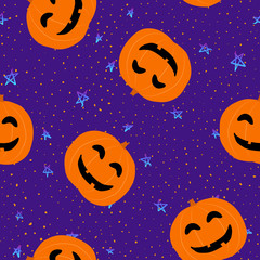 Cute Halloween pattern. Vector seamless background with smiling orange pumpkins