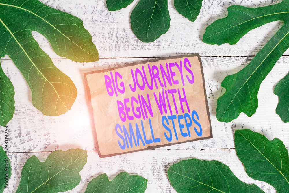 Aufkleber writing note showing big journeys begin with small steps. business concept for one step at a time to