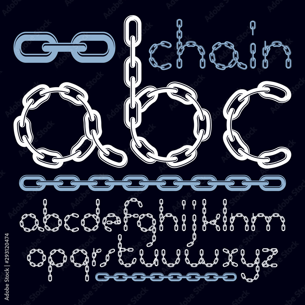Aufkleber vector type font, script from a to z. lower case creative letters, abc made with iron chain, linked 