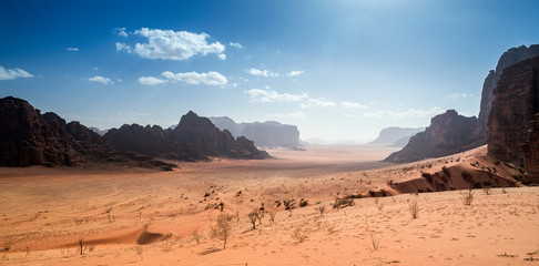 Panoramic view of the valley of sand, Wadi Rum desert, southern Jordan