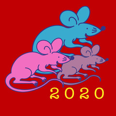 Rat family on a red background. 2020 number. Vector illustration for new year