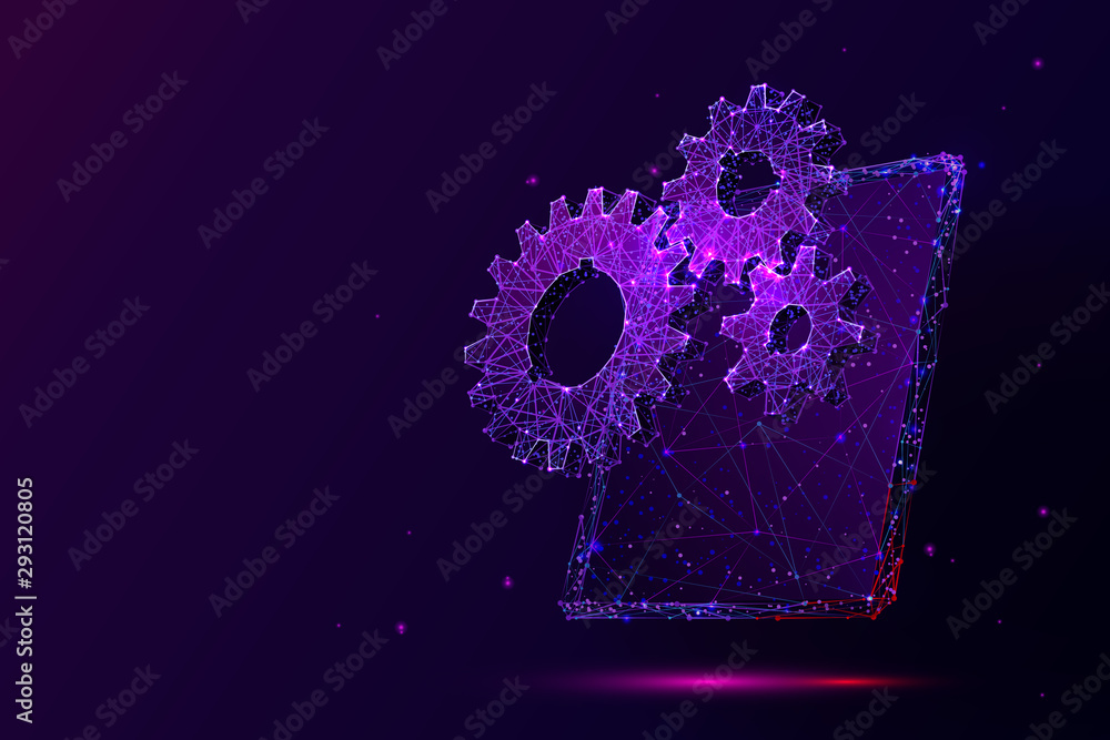 Aufkleber Tablet and gears low poly vector illustration. 3d modern portable gadget. Polygonal cogwheels with tablet screen mesh art with connected dots. Modern technologies settings testing concept ..