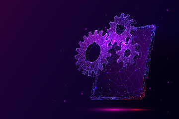 Tablet and gears low poly vector illustration. 3d modern portable gadget. Polygonal cogwheels with tablet screen mesh art with connected dots. Modern technologies settings testing concept .. © AntonKhrupinArt
