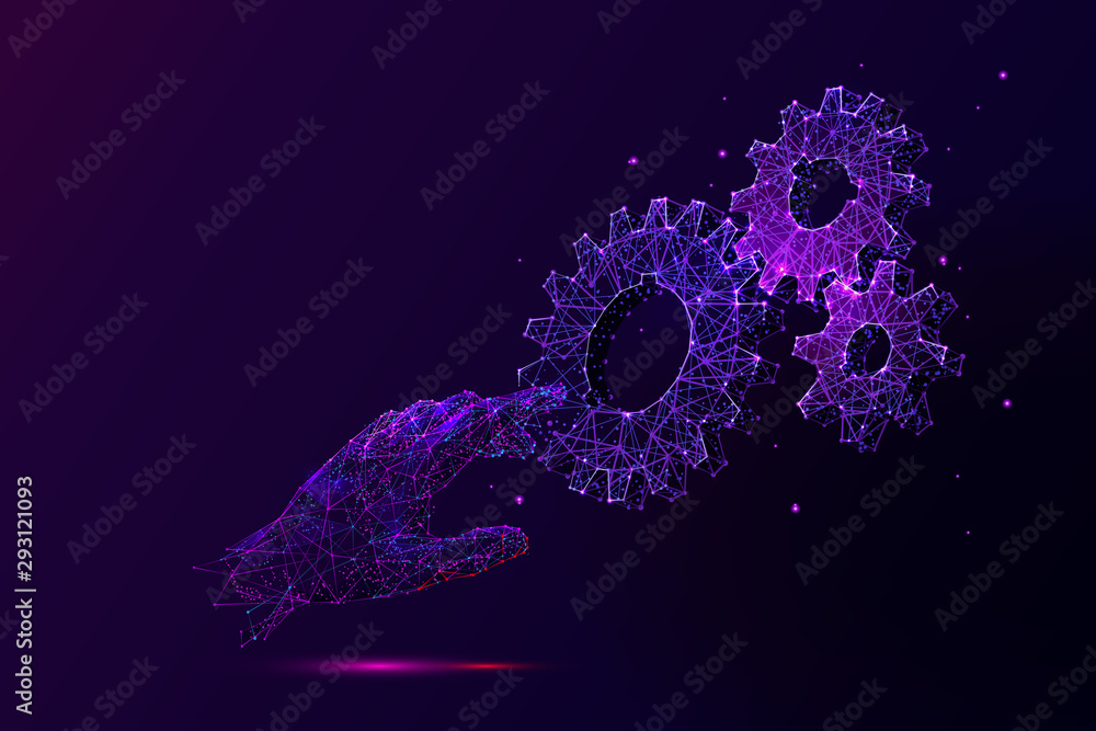 Poster violet hand touching cogwheels low poly vector illustration. 3d gears on dark violet background. pol