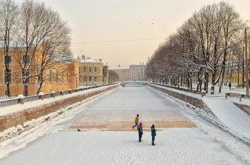 a view of Griboyedov canal in Saint Petersburg.