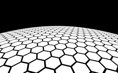 White honeycomb on a dark background. Perspective view on polygon look like honeycomb. Ball, planet, covered with a network, honeycombs, cells. 3D illustration