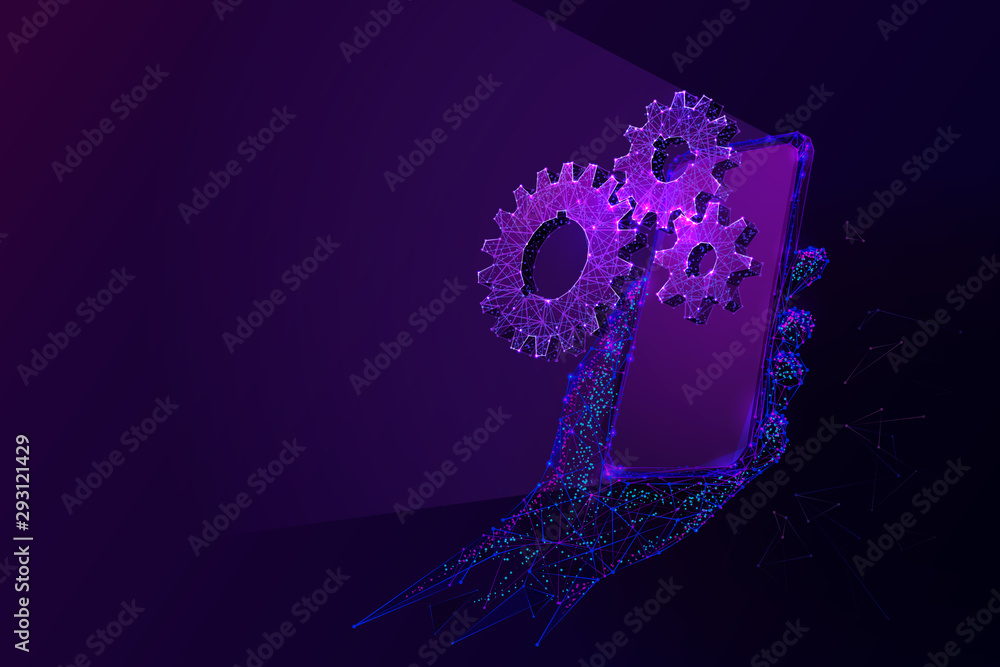 Leinwandbilder smartphone and cogs low poly vector illustration. 3d hand holding modern gadget. polygonal cogwheels