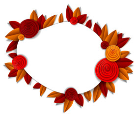 Background with flowers and autumn leaves paper cut style, copy space for text, vector fall floral illustration. Wedding invitation or romantic greeting card.