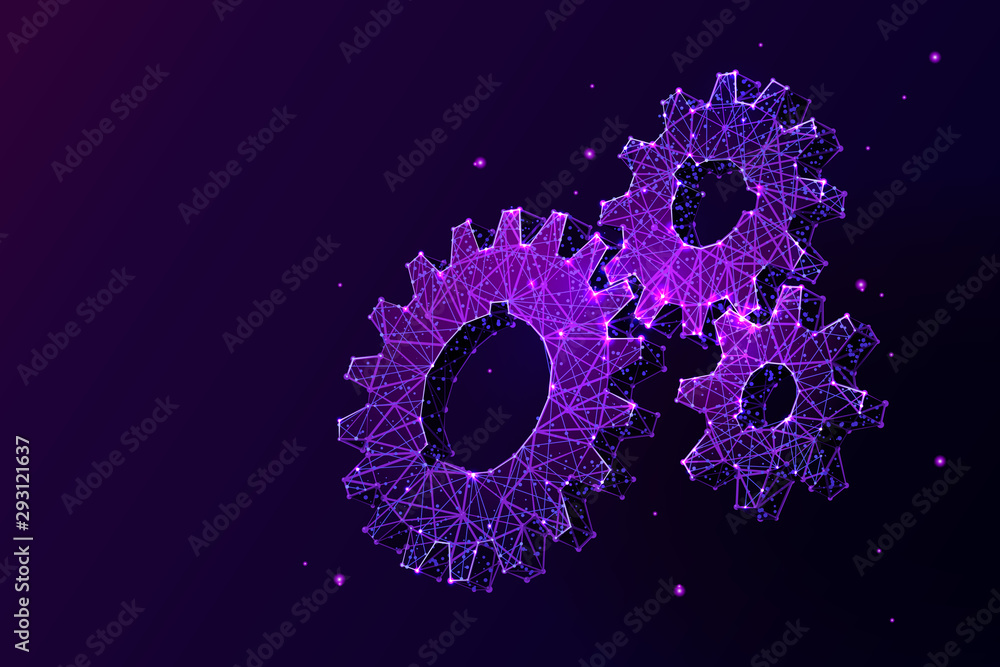 Fototapete cogwheels low poly vector illustration. 3d gears on dark violet background. polygonal cogs, industri