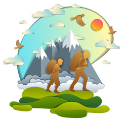 Father and son hiking to nature with mountain range, active men, fatherhood and teenager son growing masculine. Vector illustration of beautiful summer scenic landscape, birds in the sky, holidays.