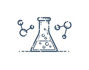 Chemical flask and molecule connections vector simple linear icon, science chemistry line art symbol, laboratory research.
