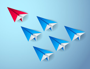 Fototapeta na wymiar Leadership concept visualized with origami folded plane toys one of them is flying in the front and leading the team group, vector modern style 3d illustration.