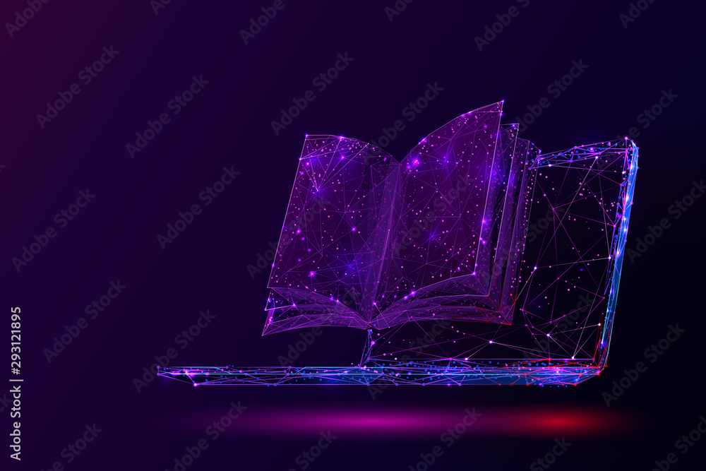 Poster laptop and book low poly vector illustration. 3d open textbook. polygonal notebook display mesh art 