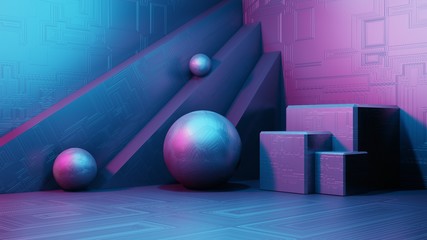 3d rendering sci-fi interior, simple geometric shapes. Landscape of a fantastic alien city. Futuristic metal abstract background, neon light. Modern podium concept.