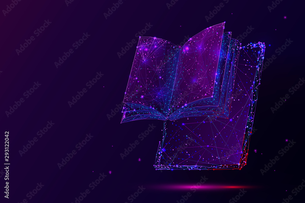 Fototapete Tablet and book low poly vector illustration. 3d open encyclopedia. Polygonal gadget display mesh art with connected dots. E-reader, online library concept. Elearning, self-education metaphor..