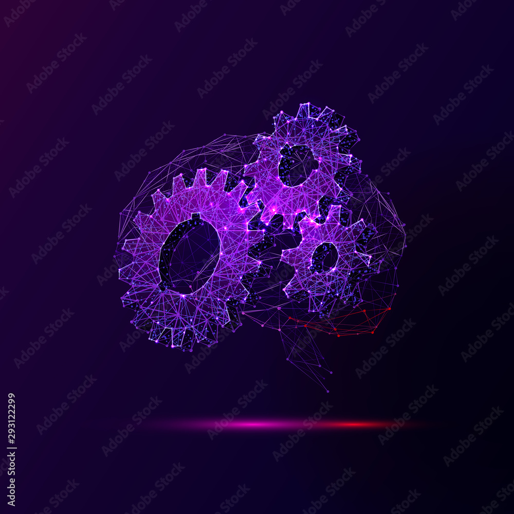 Fototapete brain and cogwheels low poly vector illustration. 3d cogs and gears, mechanism functioning concept. 