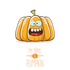 vector funny cartoon cute orange smiling pumkin isolated on white background. My name is pumkin vector concept illustration. vegetable funky halloween or thanksgiving day character
