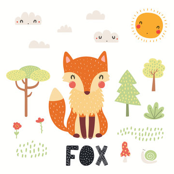 Hand drawn vector illustration of a cute fox in the forest, woodland landscape, with text. Isolated objects on white background. Scandinavian style flat design. Concept for children print.