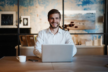 Handsome businessman working with laptop in office