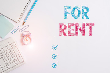 Word writing text For Rent. Business photo showcasing when you make property available for purchasing temporarily Business concept with blank white space for advertising and text message