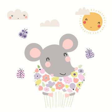 Hand drawn vector illustration of a cute mouse holding bouquet of flowers, with sun, clouds, butterflies. Isolated objects on white background. Scandinavian style flat design. Concept children print.