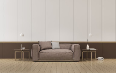 View of living room with sofa and side table on laminate floor.Perspective of minimal interior design. 3d rendering.	