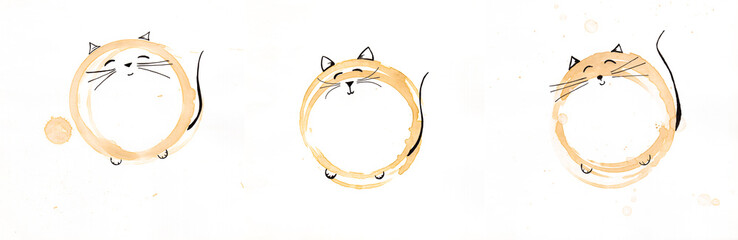coffee mug traces and cats, liquid drops, blobs and drips