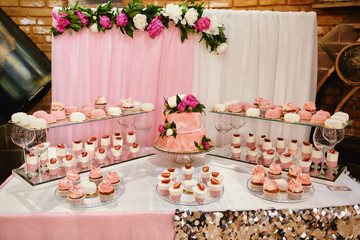Candy bar. Pink wedding cake decorated by flowers standing of festive table with deserts, strawberry tartlet and cupcakes. Wedding.