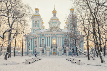 Saint Nicholas Naval cathedral at winter dawn.