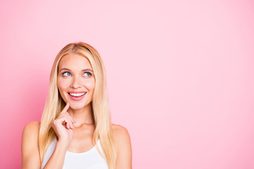 Closeup photo of pretty lady looking side empty space on sale placard go shopping wear casual trend outfit isolated pink color background