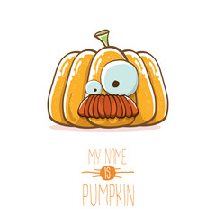 vector funny cartoon cute orange smiling pumkin isolated on white background. My name is pumkin vector concept illustration. vegetable funky halloween or thanksgiving day character