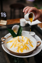 Bingsu or bingsoo is a very popular and elaborate snack/dessert in East Asia especially during the summer season. This snack is composed of ice shavings and various ingredients such as sweetened conde
