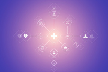 Abstract health care banner template with flat icons. Healthcare medicine concept. Medical innovation technology pharmacy banner. Vector illustration