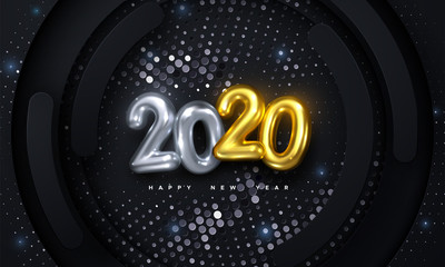 Happy New 2020 Year. Holiday vector illustration of golden and silver metallic numbers 2020 and glittering pattern on black paper shapes background. Realistic 3d sign. Festive poster or banner design