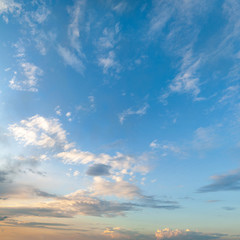 Panorama of sky with clouds. Landscape image of the sky at sunset in the evening.