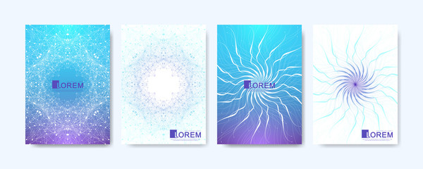 Modern vector template for brochure, leaflet, flyer, cover, banner, catalog, magazine, or annual report in A4 size. Futuristic science and technology design. Presentation with mandala. Lines plexus